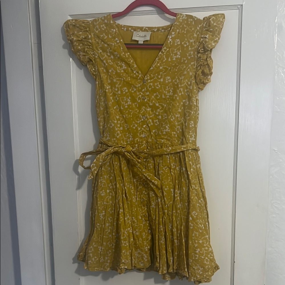 Cleobella Yellow Tie Front Ruffled Mini Dress